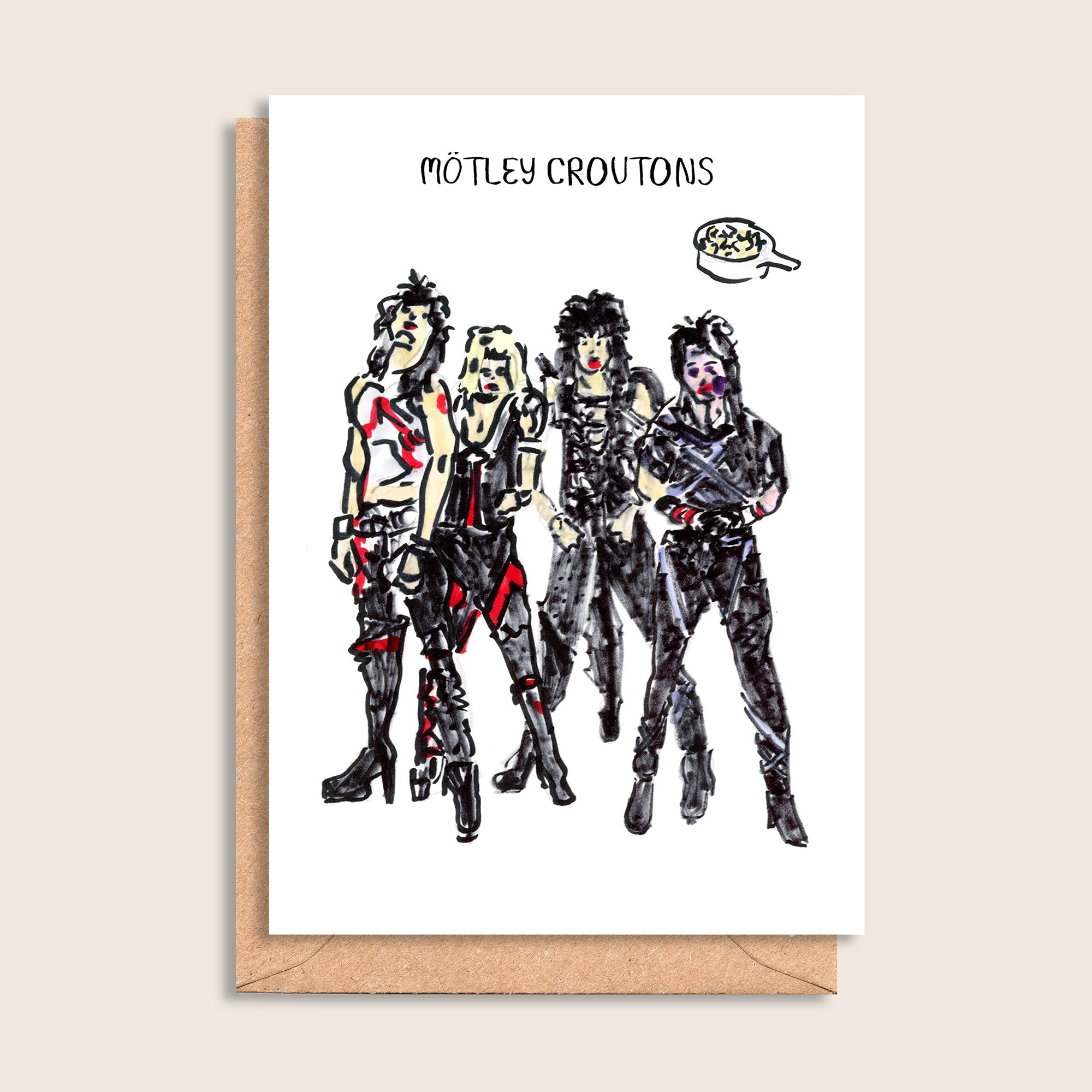 Mötley Croutons – illustrated portrait greeting card, front