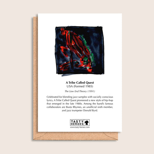A Tribe Called Cress – biographical note and A Tribe Called Quest artwork, reverse