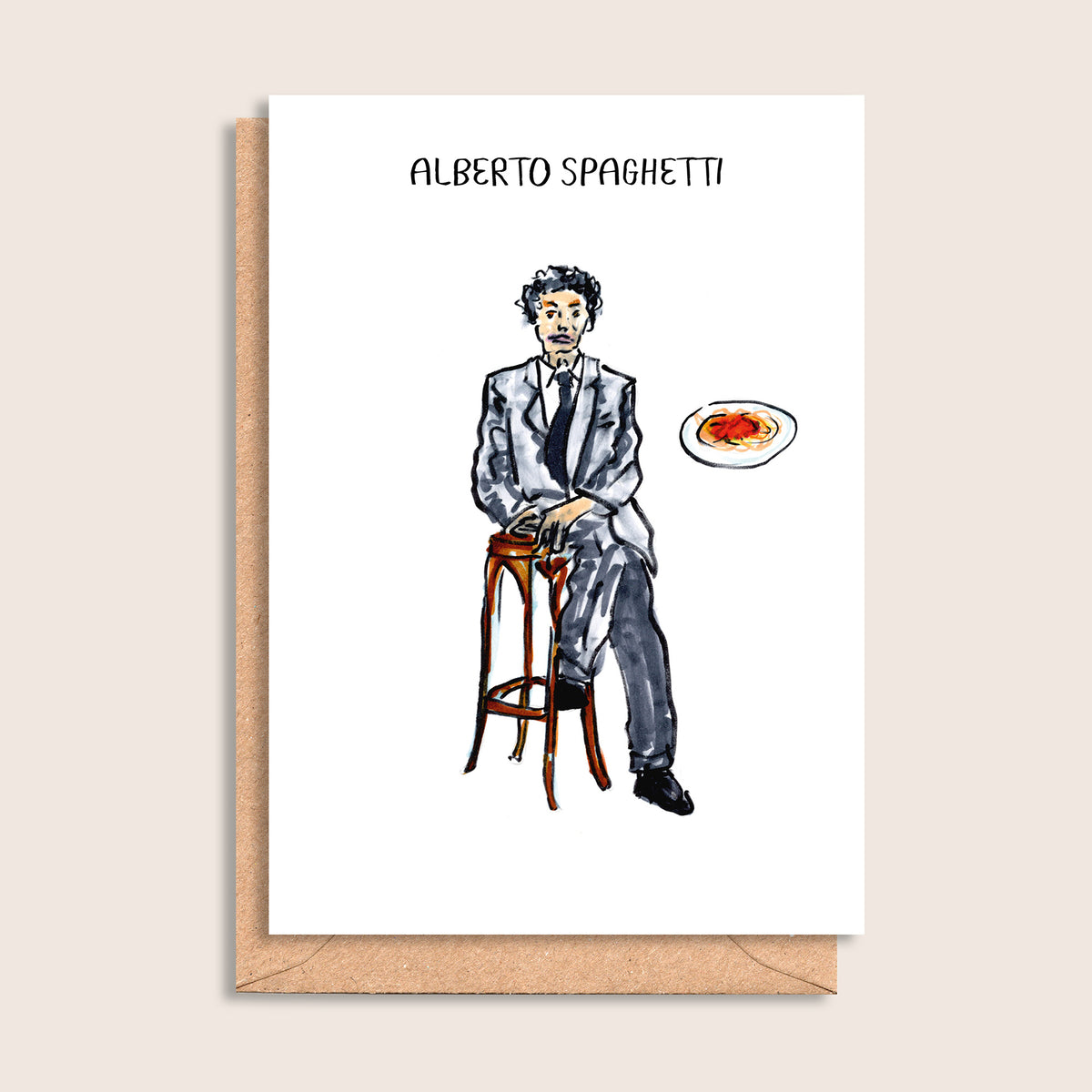 Alberto Spaghetti – illustrated portrait greeting card, front