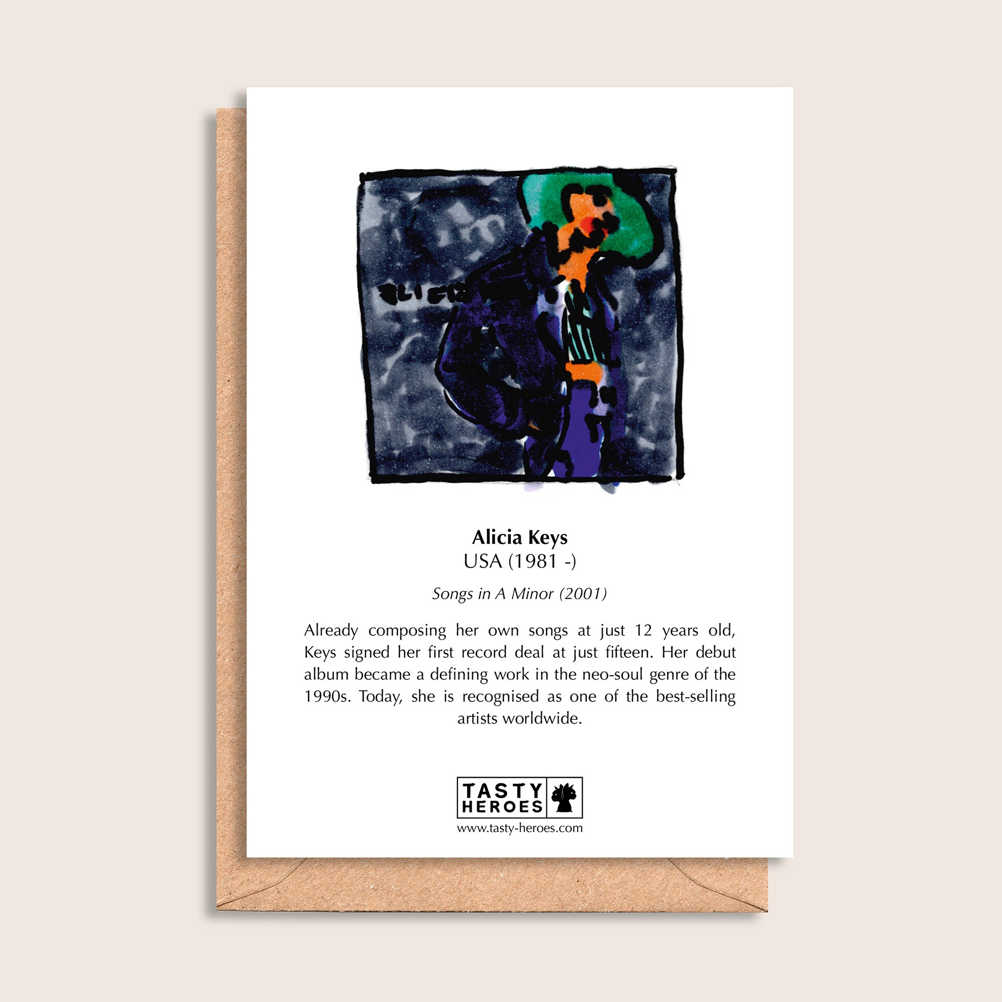 Alicia Peas – biographical note and Alicia Keys artwork, reverse
