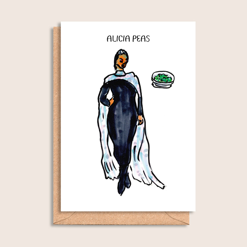 Alicia Peas – illustrated portrait greeting card, front