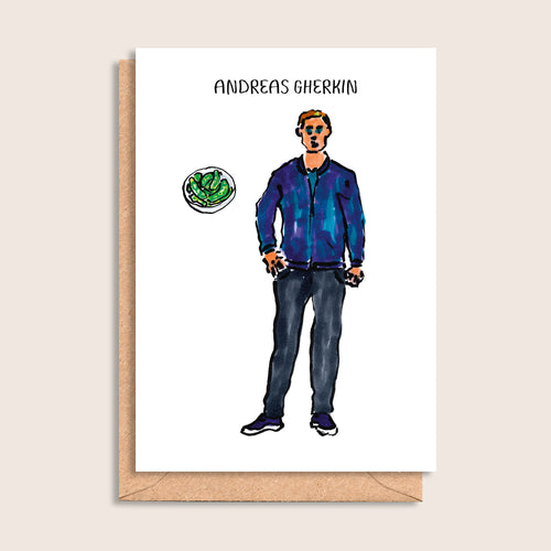 Andreas Gherkin – illustrated portrait greeting card, front