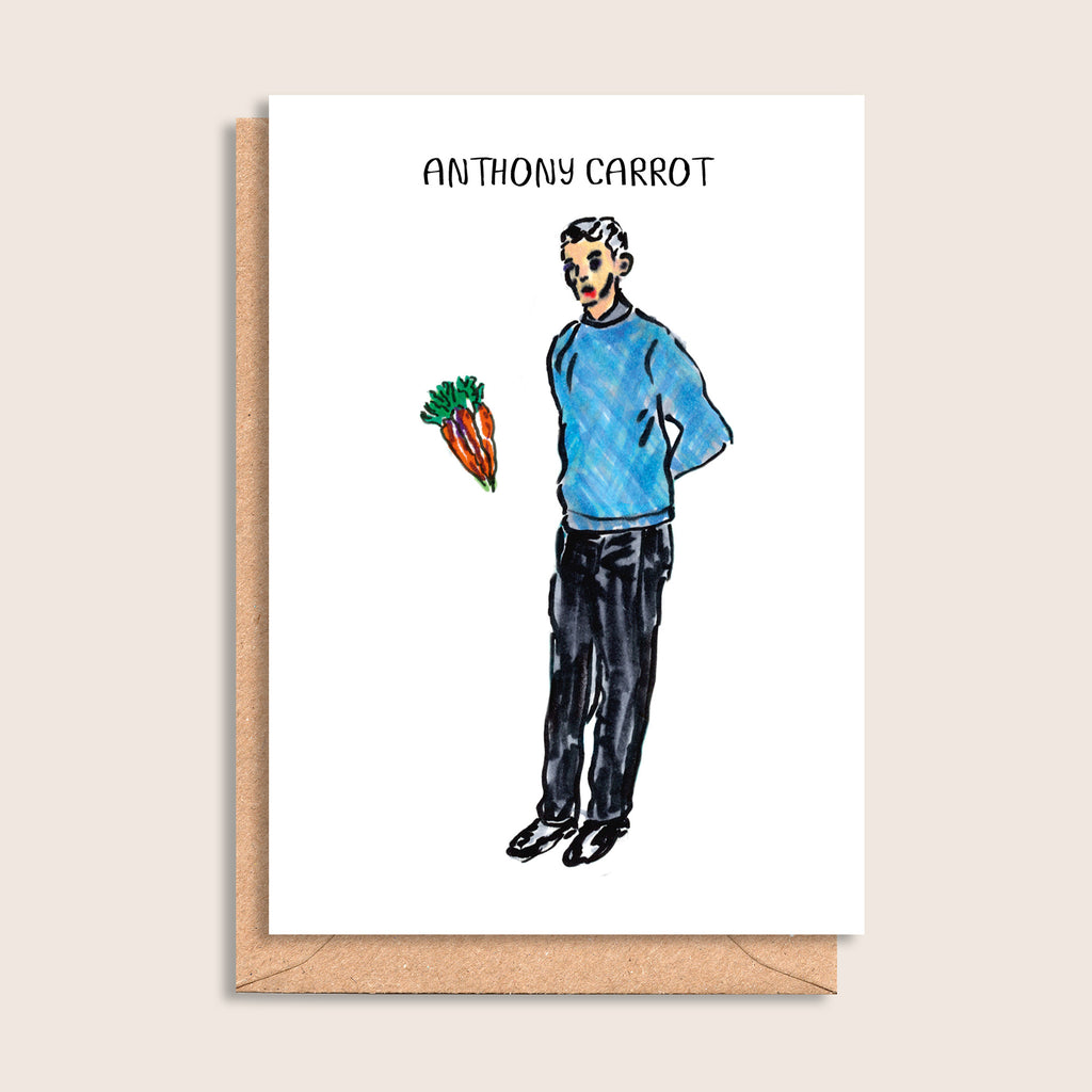 Anthony Carrot – illustrated portrait greeting card, front