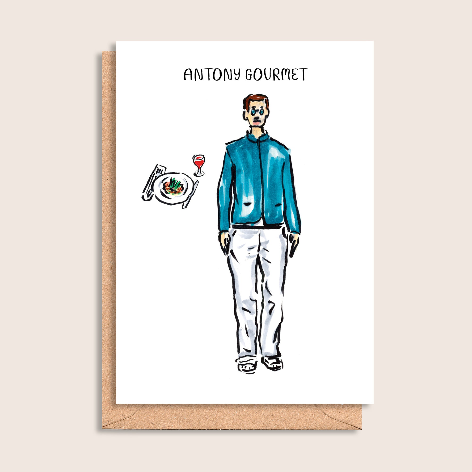 Antony Gourmet – illustrated portrait greeting card, front