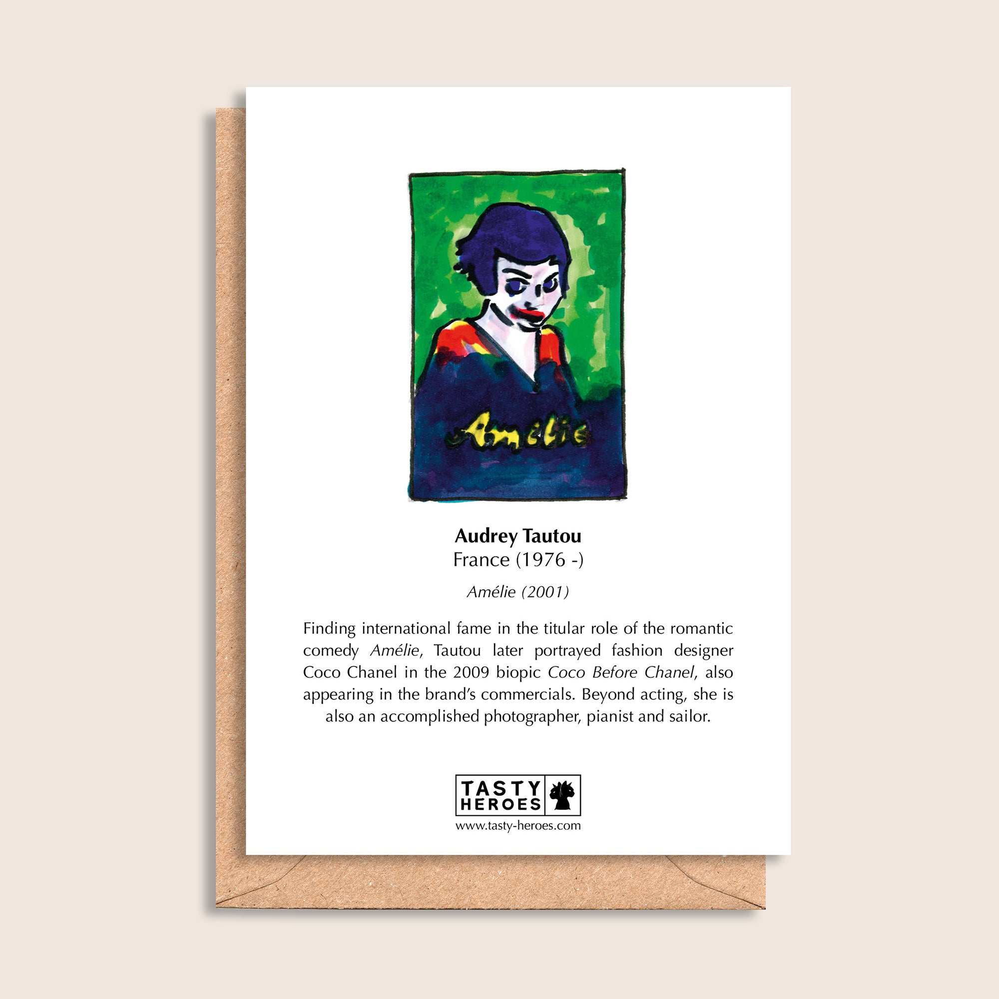 Audrey Tatties – biographical note and Audrey Tautou artwork, reverse