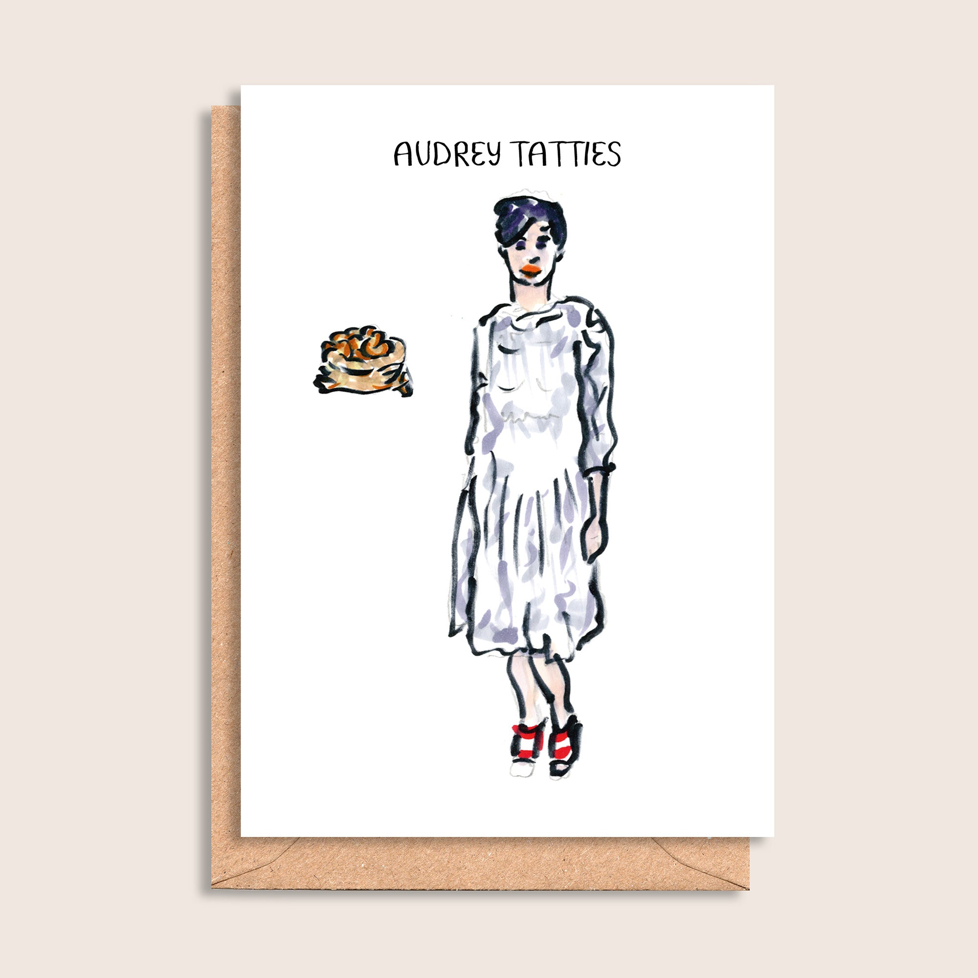Audrey Tatties – illustrated portrait greeting card, front