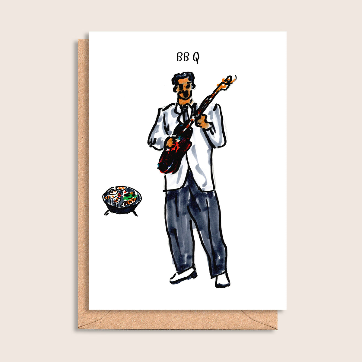 BB Q – illustrated portrait greeting card, front