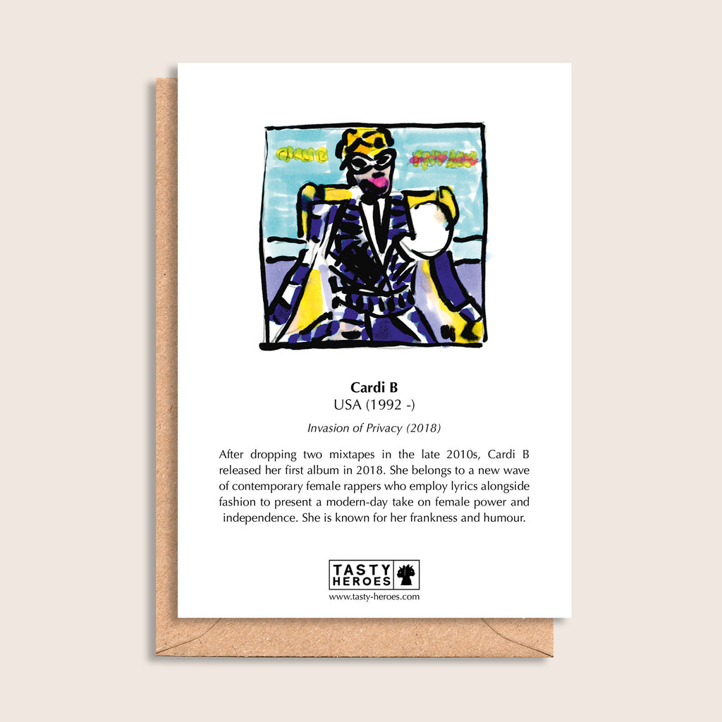 Cardi Beans on Toast – biographical note and Cardi B artwork, reverse