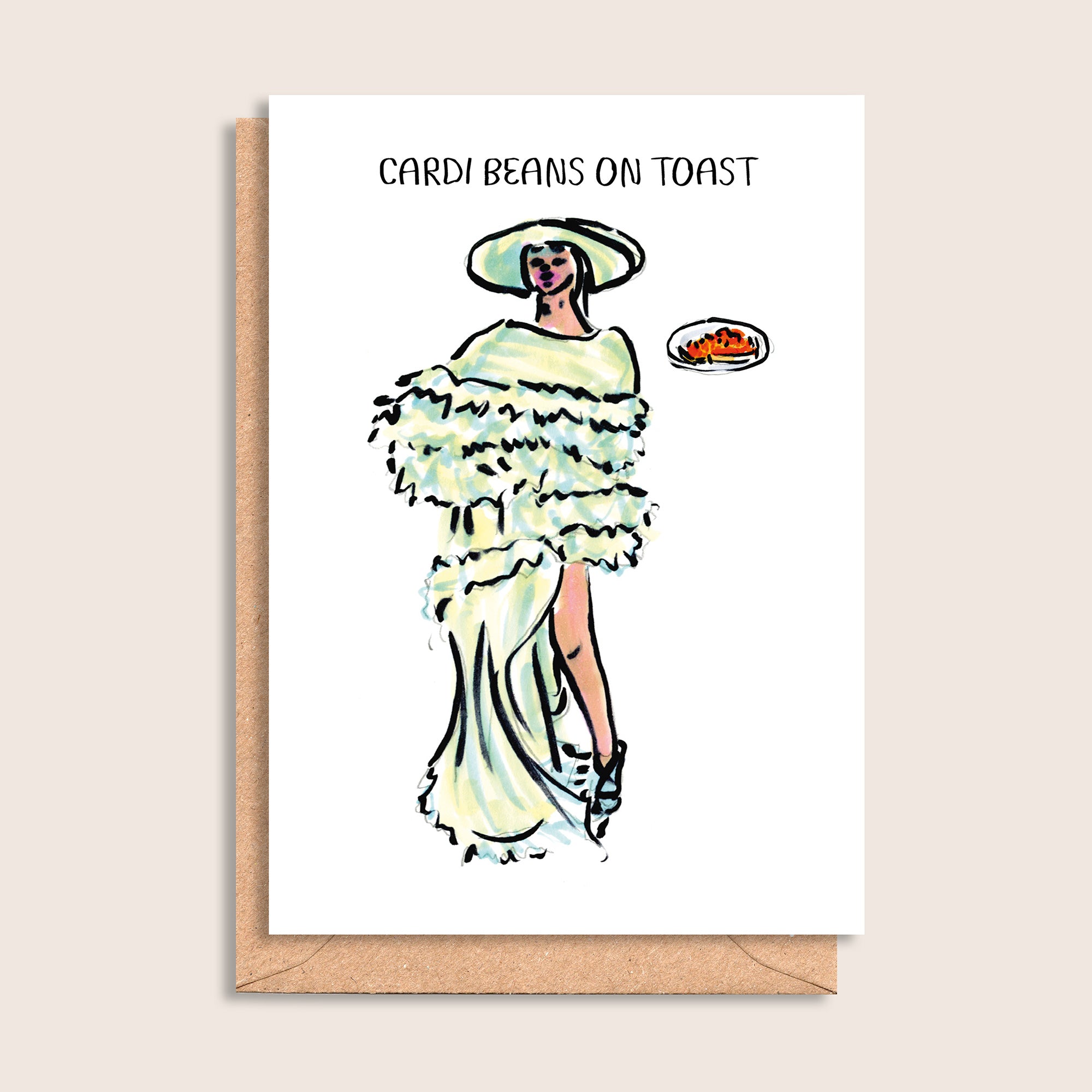Cardi Beans on Toast – illustrated portrait greeting card, front
