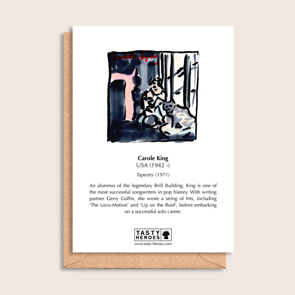 Carole King Prawns – biographical note and Carole King artwork, reverse