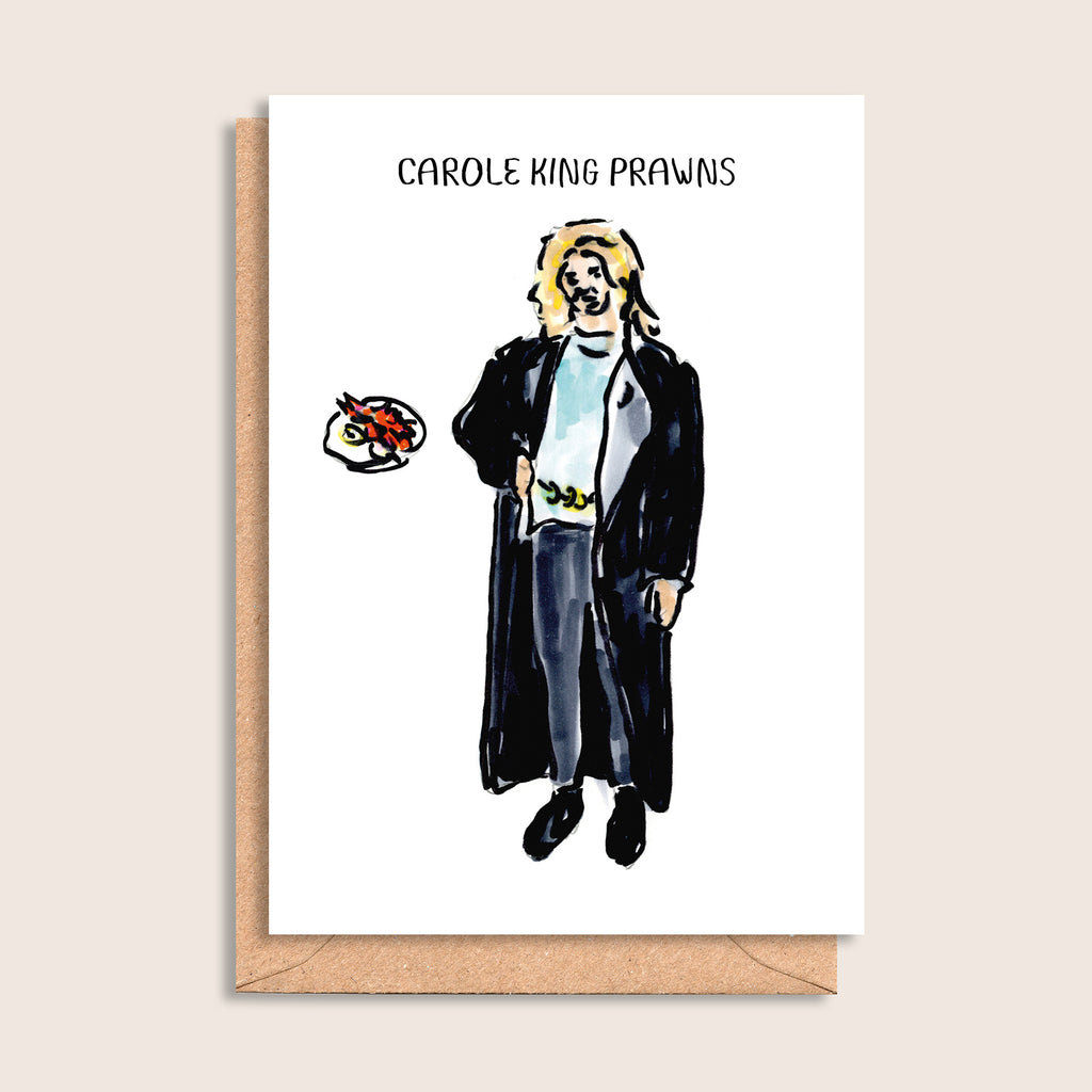 Carole King Prawns – illustrated portrait greeting card, front