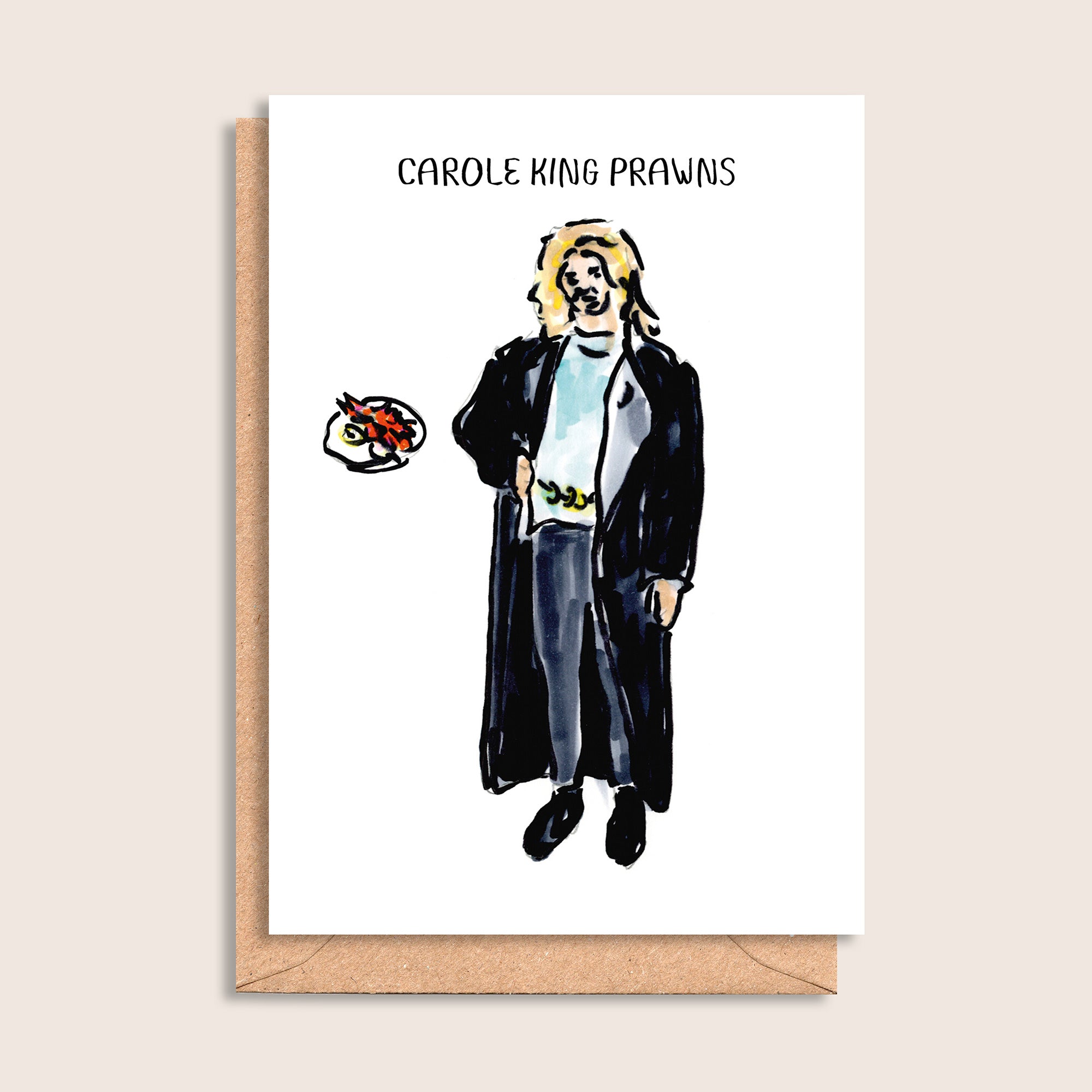 Carole King Prawns – illustrated portrait greeting card, front