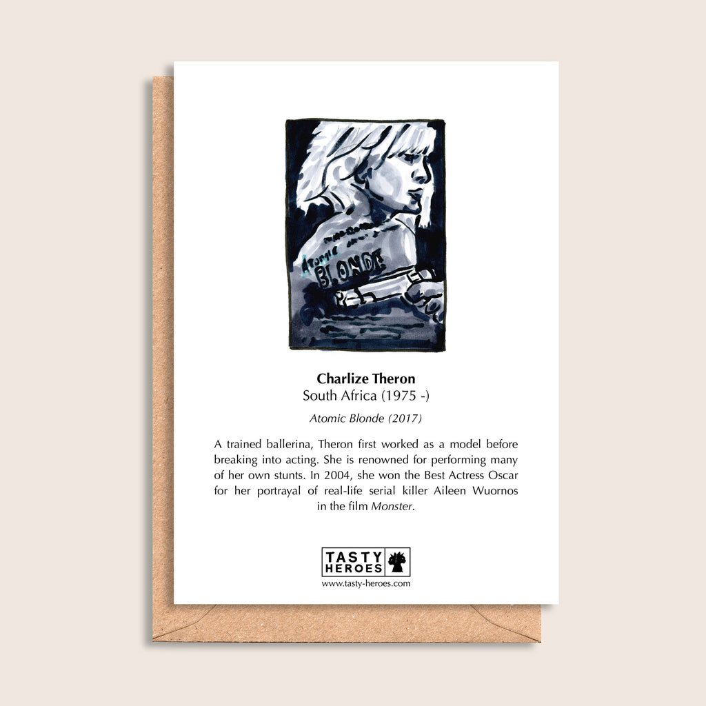 Charlize Terrine – biographical note and Charlize Theron artwork, reverse