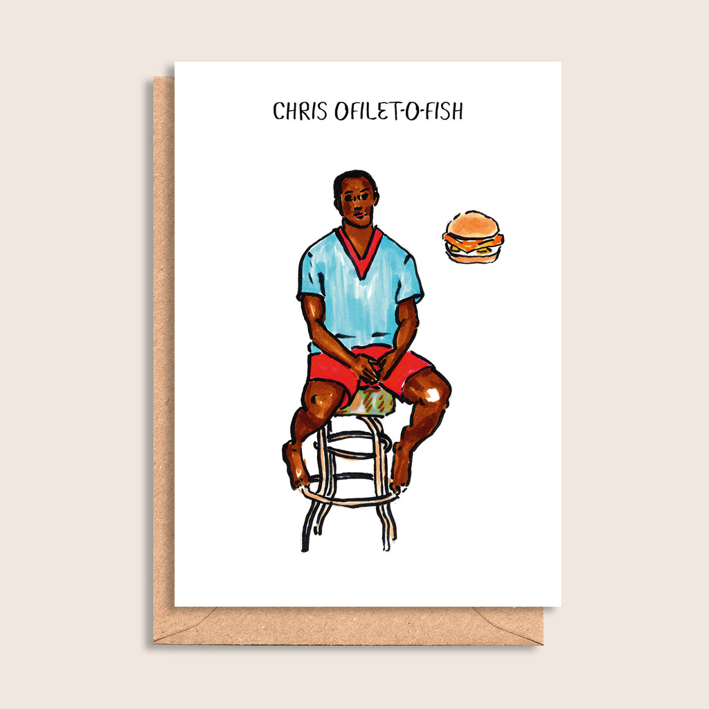 Chris Ofliet-O-Fish – illustrated portrait greeting card, front