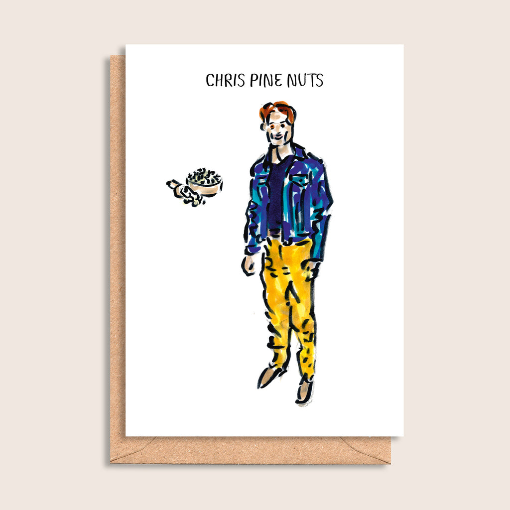 Chris Pine Nuts – illustrated portrait greeting card, front