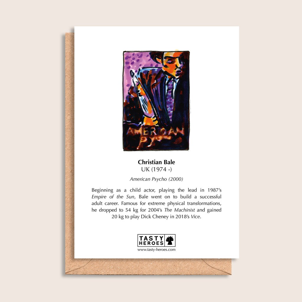 Christian Pale Ale – biographical note and Christian Bale artwork, reverse