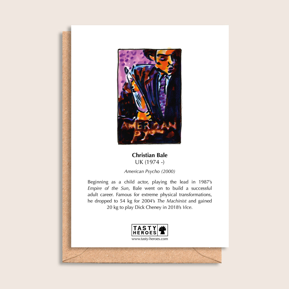 Christian Pale Ale – biographical note and Christian Bale artwork, reverse