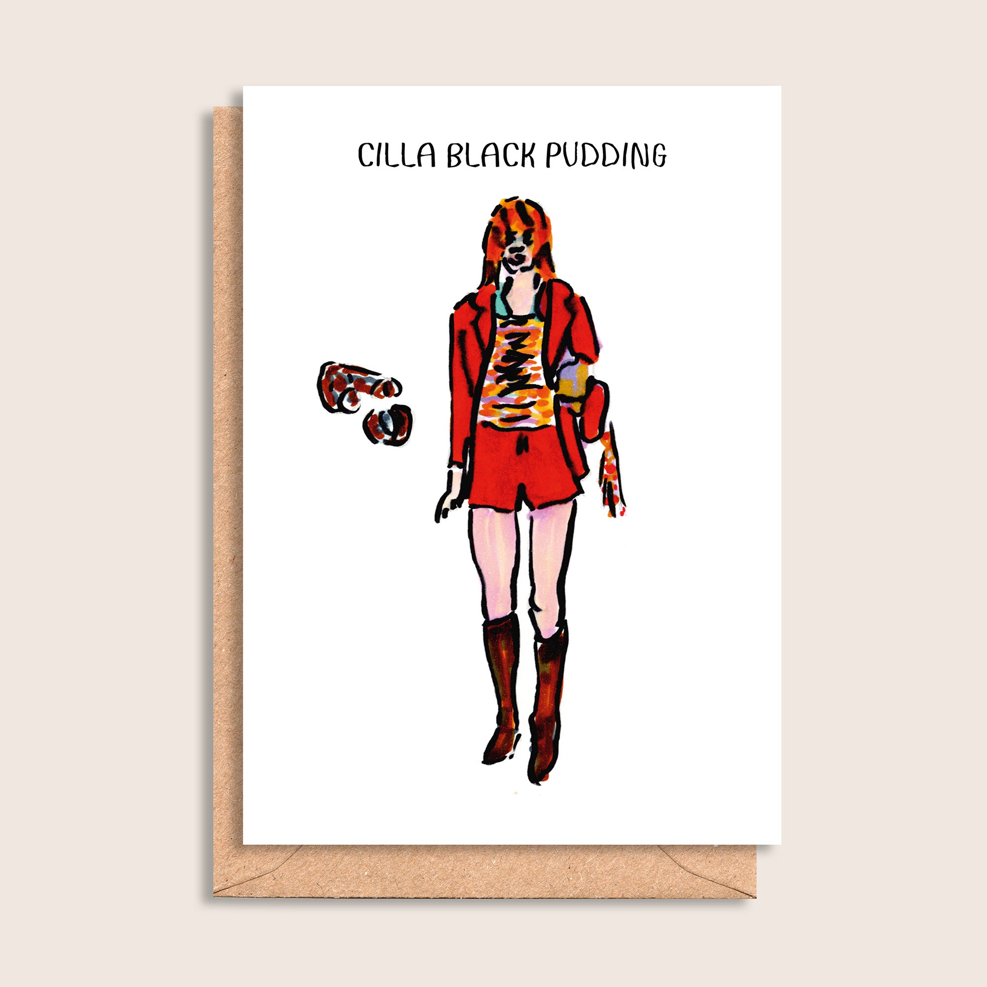 Cilla Black Pudding – illustrated portrait greeting card, front