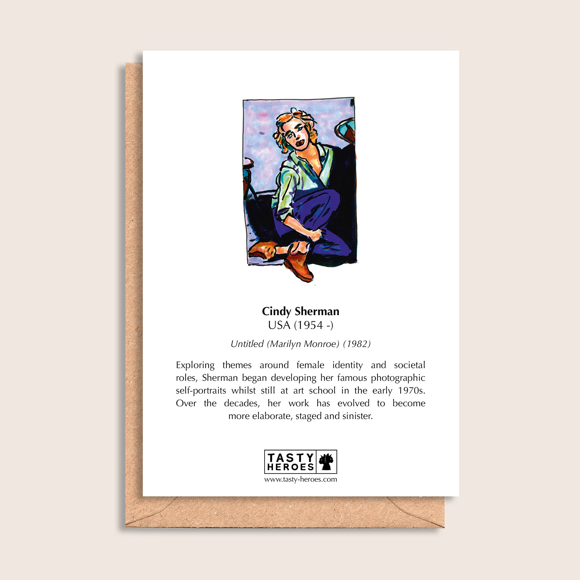 Cindy German Sausage – biographical note and Cindy Sherman artwork, reverse
