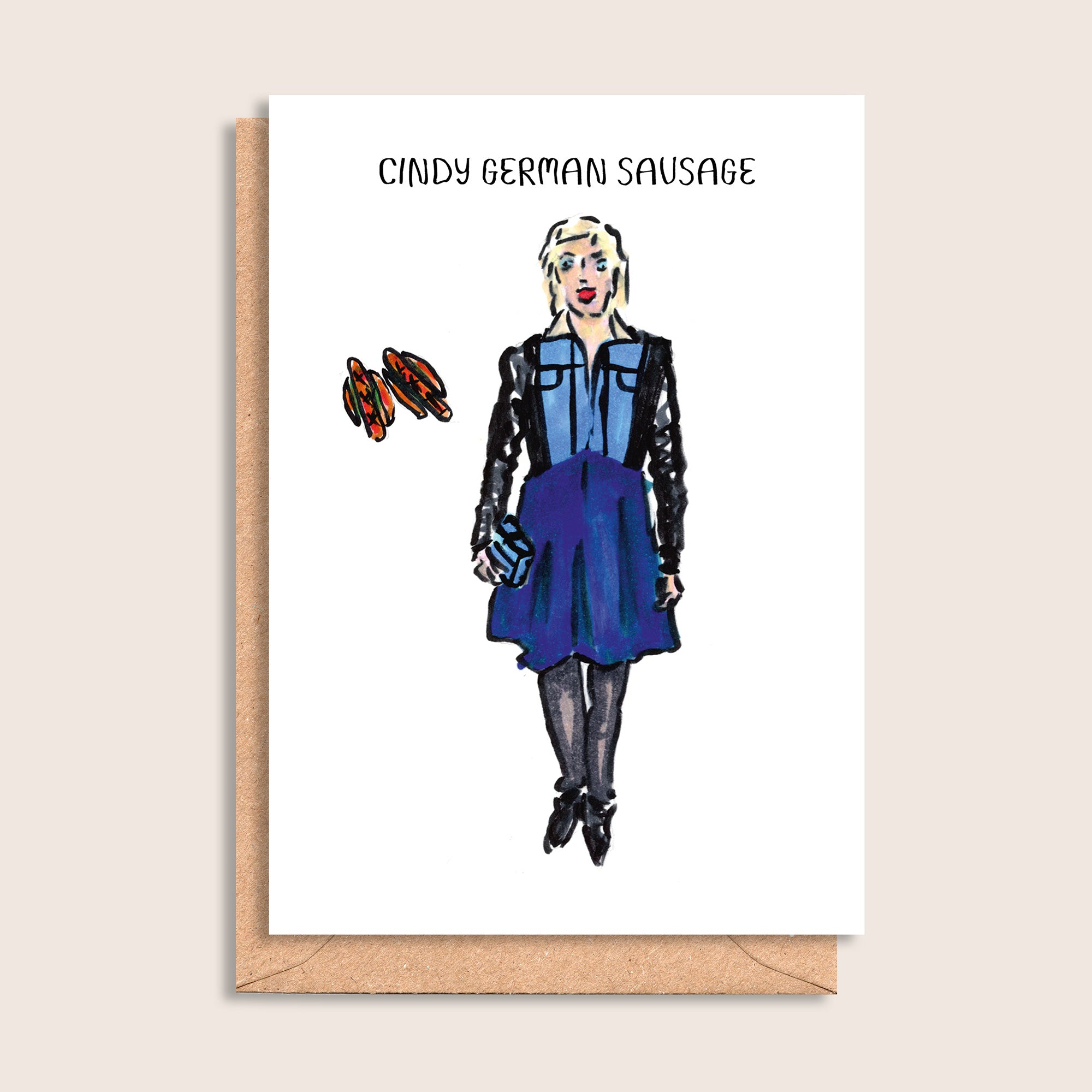 Cindy German Sausage – illustrated portrait greeting card, front