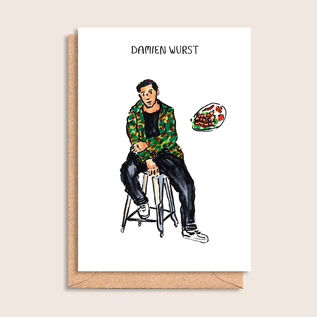 Damien Wurst – illustrated portrait greeting card, front