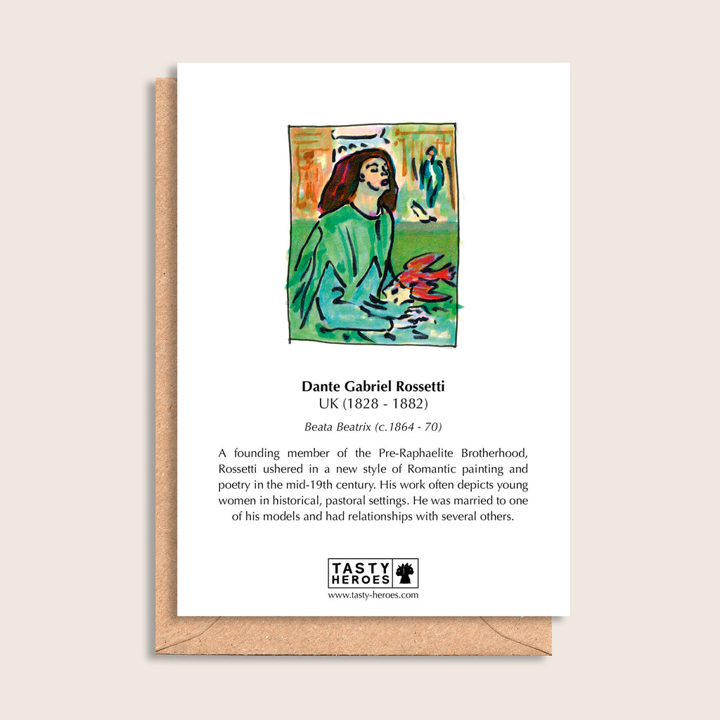 Dante Gabriel Roast Tatties – biographical note and Dante Gabriel Rossetti artwork, reverse