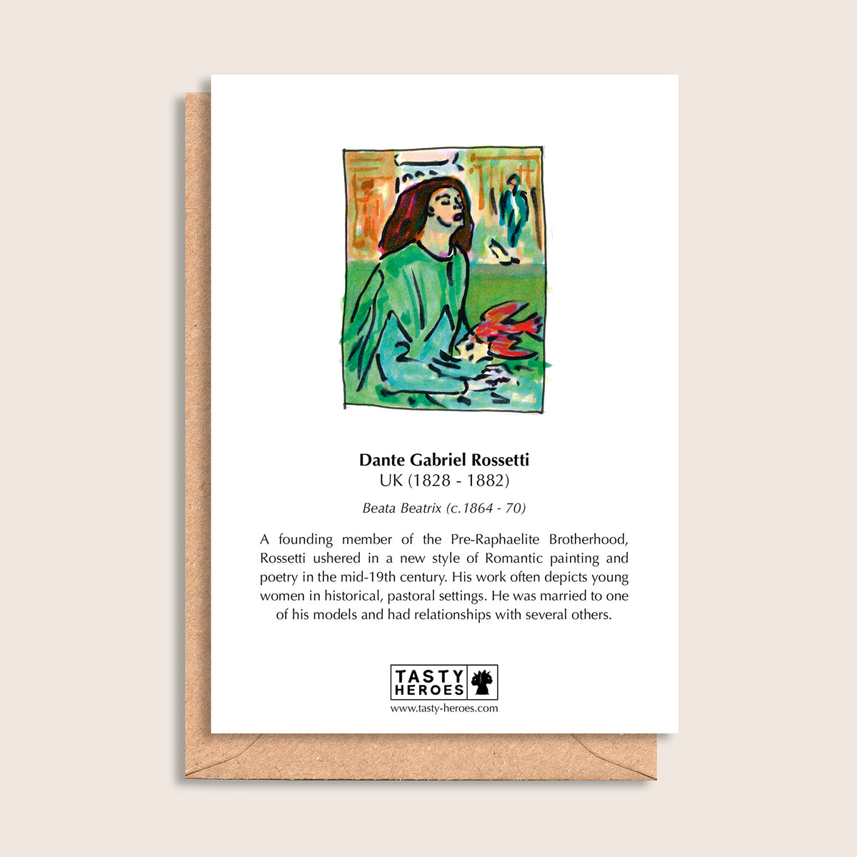 Dante Gabriel Roast Tatties – biographical note and Dante Gabriel Rossetti artwork, reverse