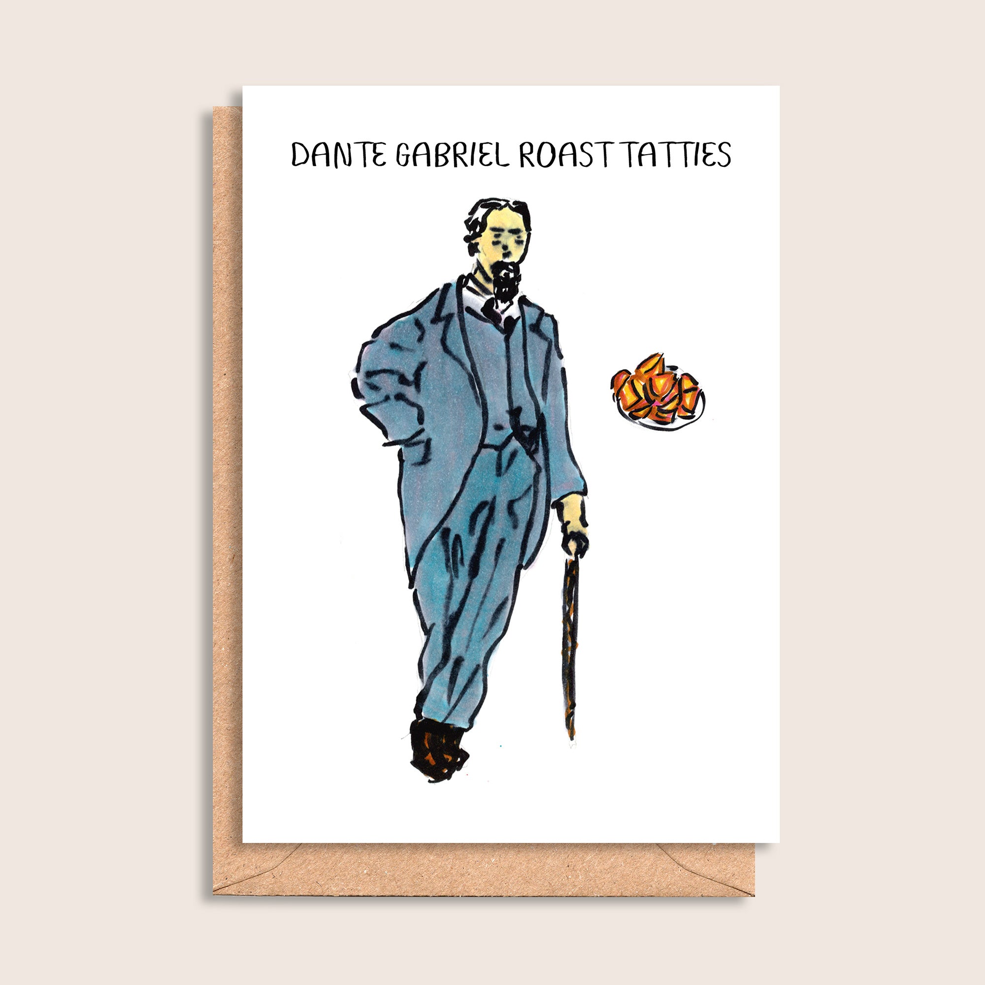 Dante Gabriel Roast Tatties – illustrated portrait greeting card, front