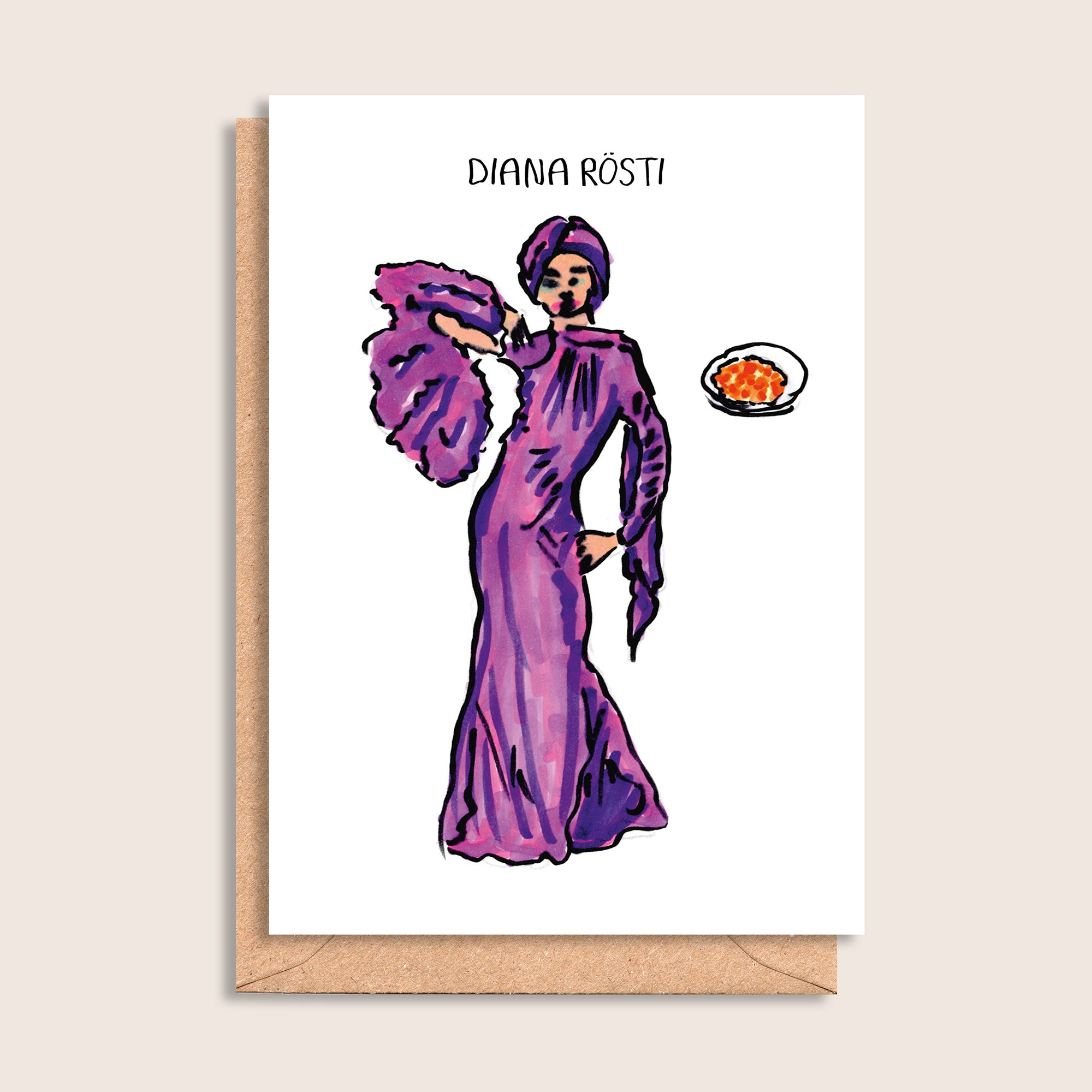 Diana Rösti – illustrated portrait greeting card, front