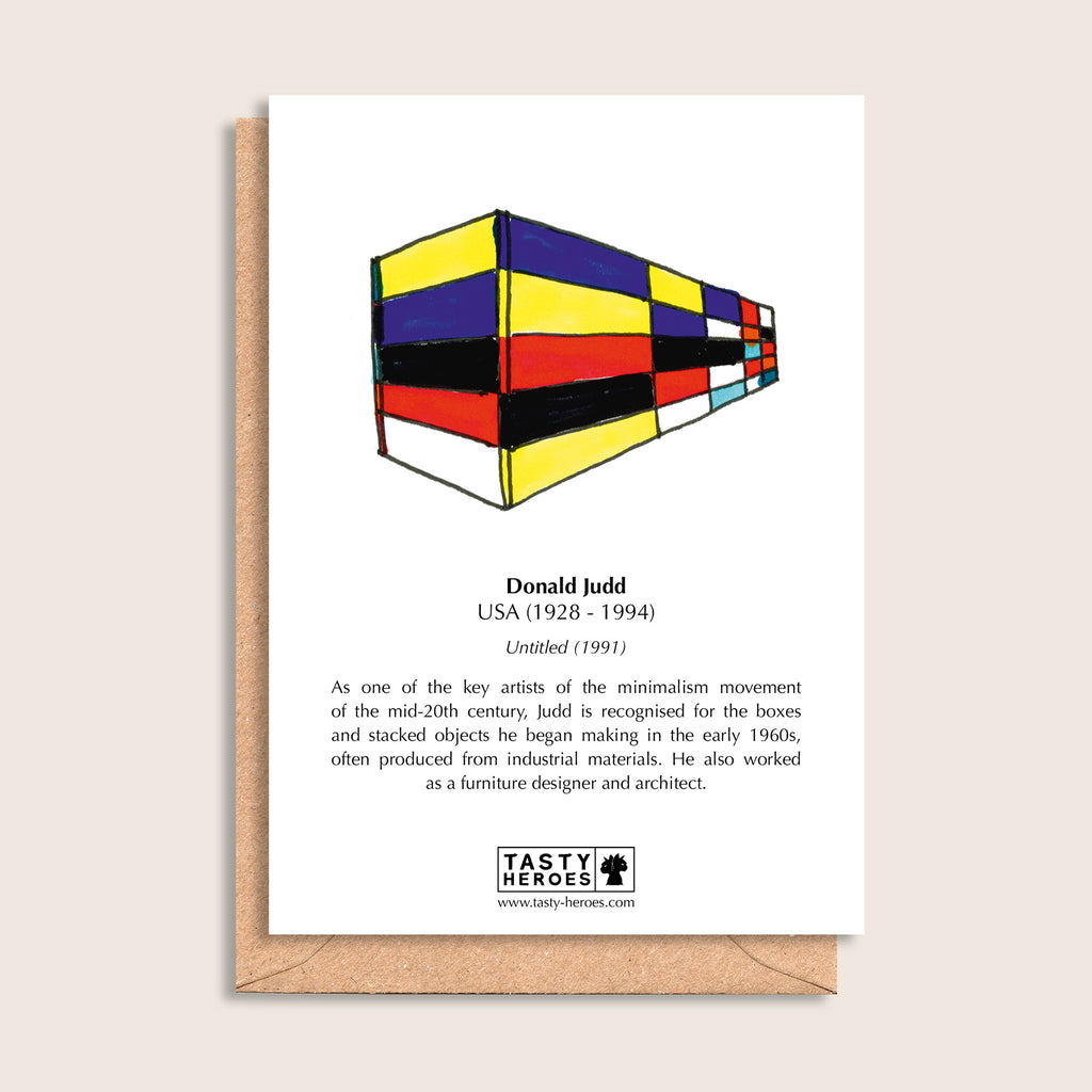 Donald Mud Cakes – biographical note and Donald Judd artwork, reverse