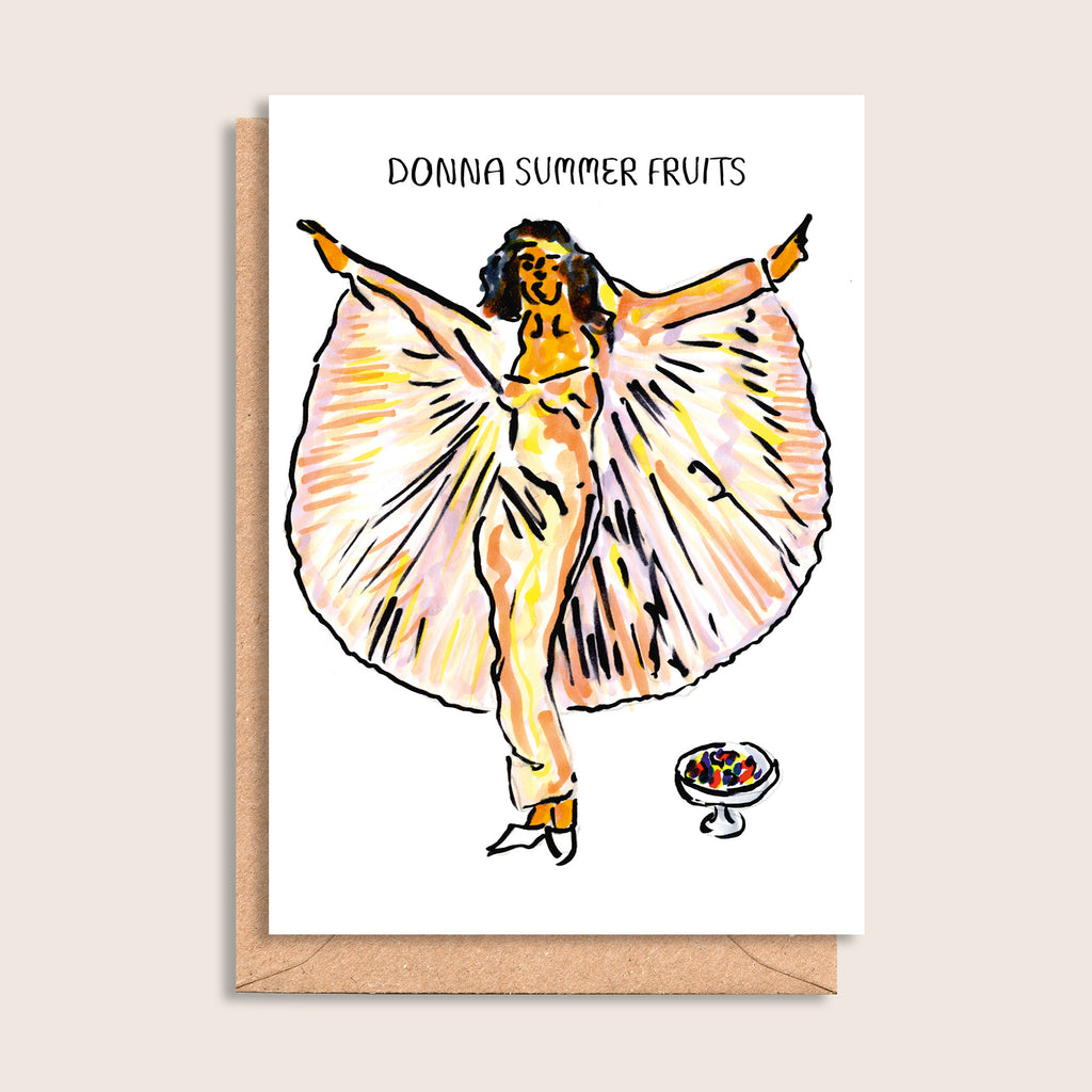 Donna Summer Fruits – illustrated portrait greeting card, front