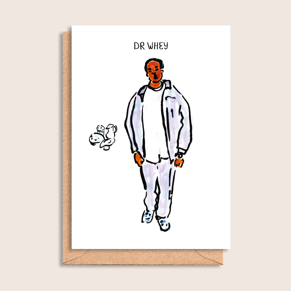 Dr Whey – illustrated portrait greeting card, front