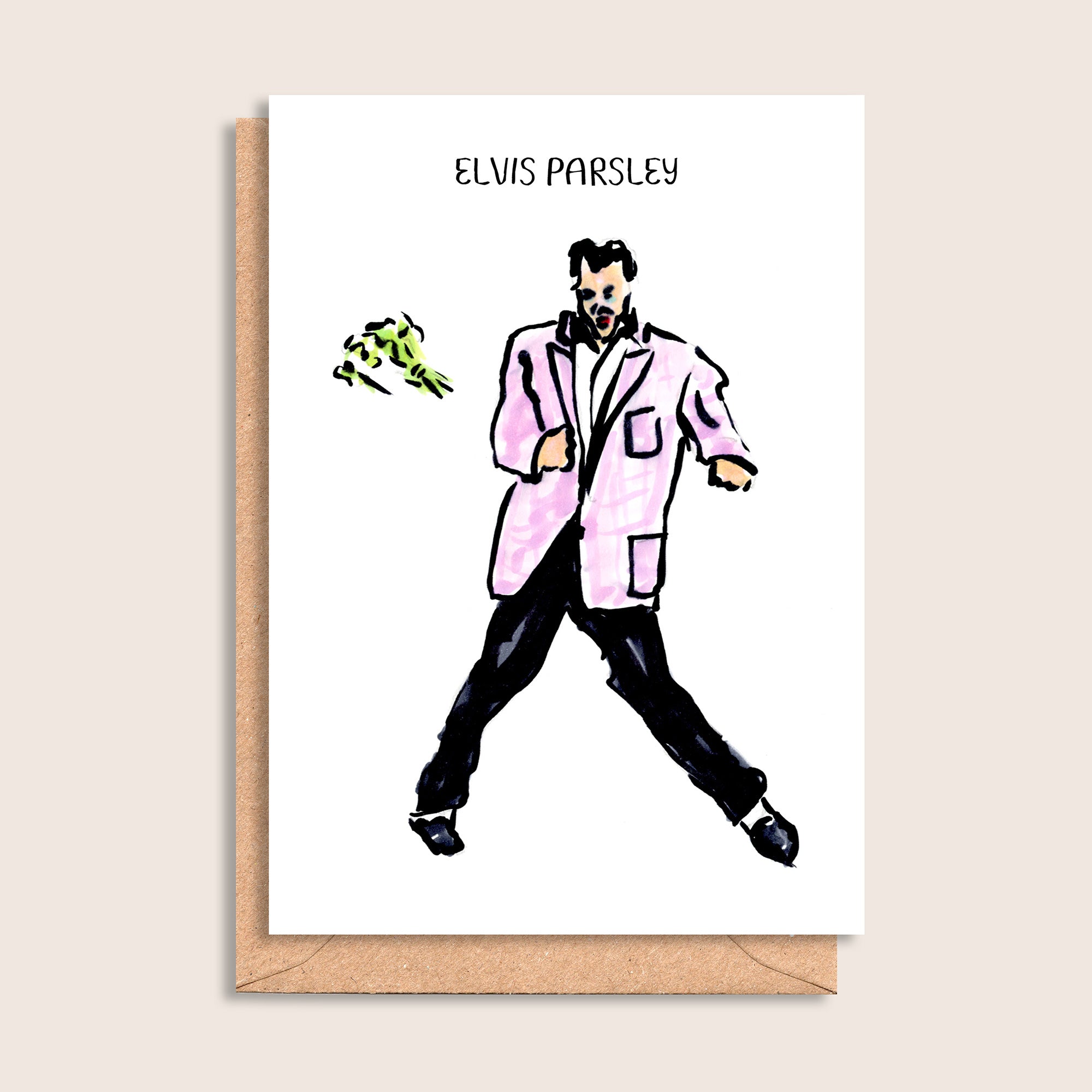 Elvis Parsley – illustrated portrait greeting card, front