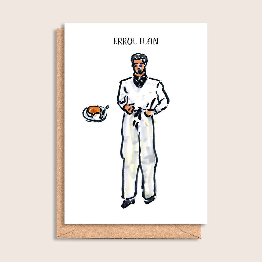 Errol Flan – illustrated portrait greeting card, front