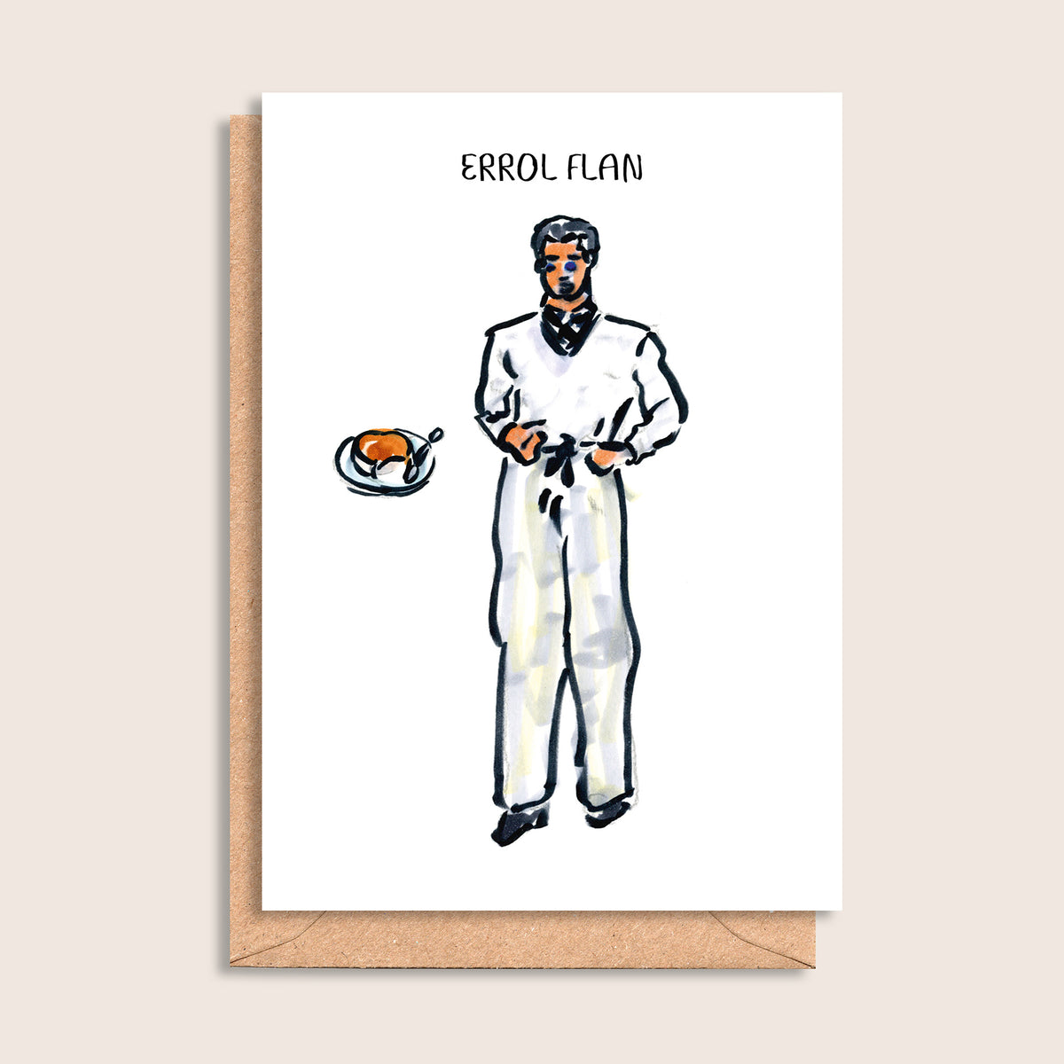 Errol Flan – illustrated portrait greeting card, front