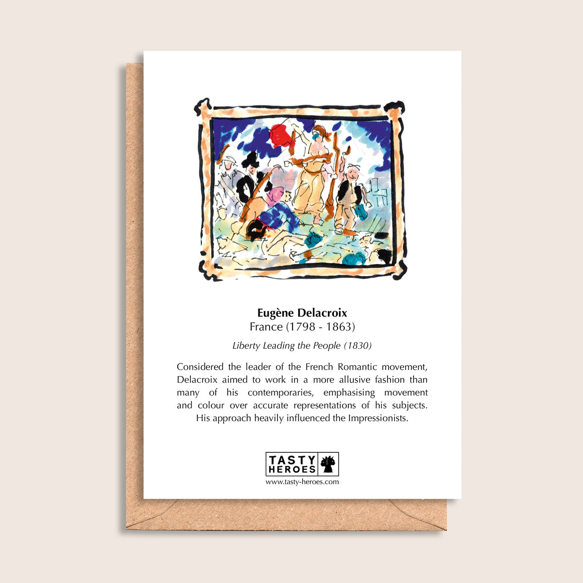 Eugene Delacroissant – biographical note and Eugène Delacroix artwork, reverse
