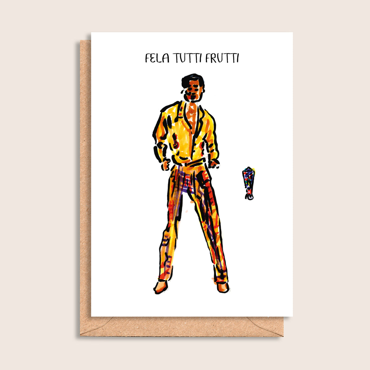 Fela Tutti Frutti – illustrated portrait greeting card, front