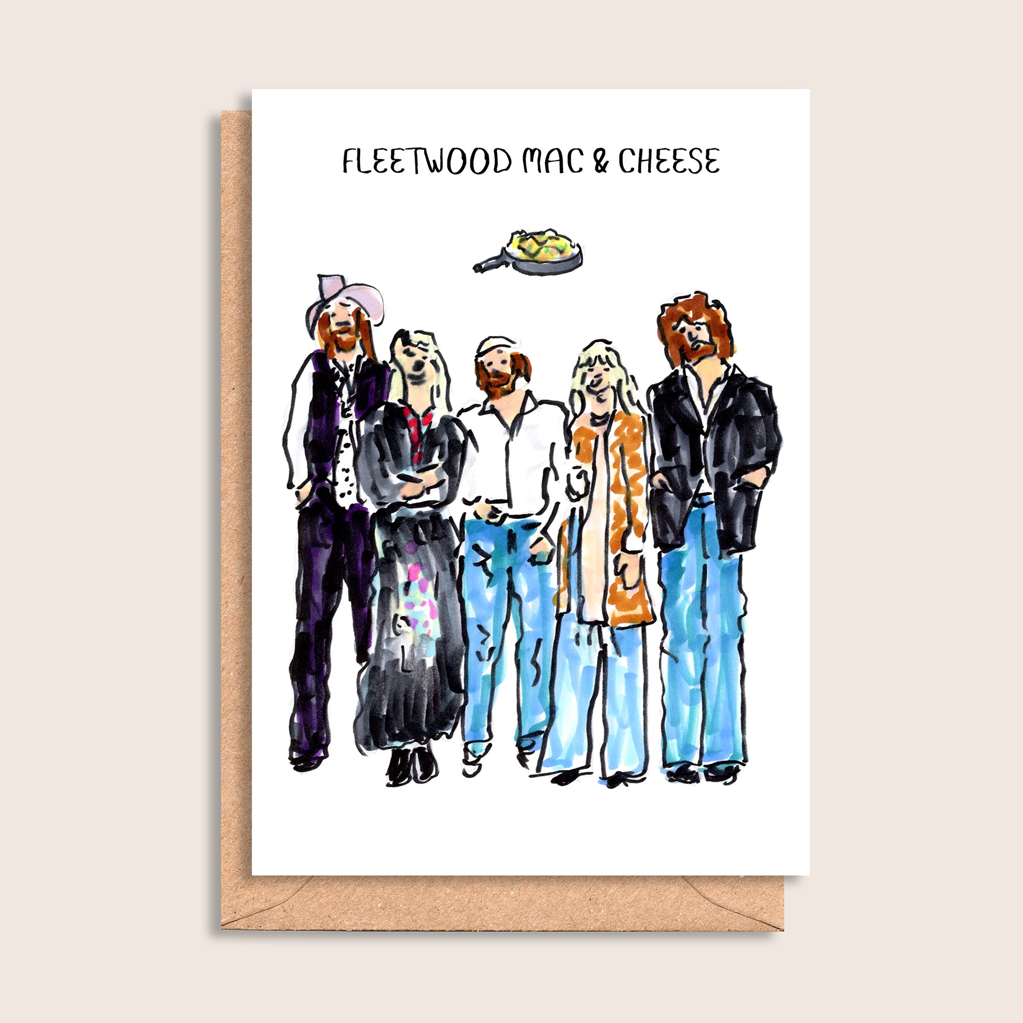 Fleetwood Mac & Cheese – illustrated portrait greeting card, front