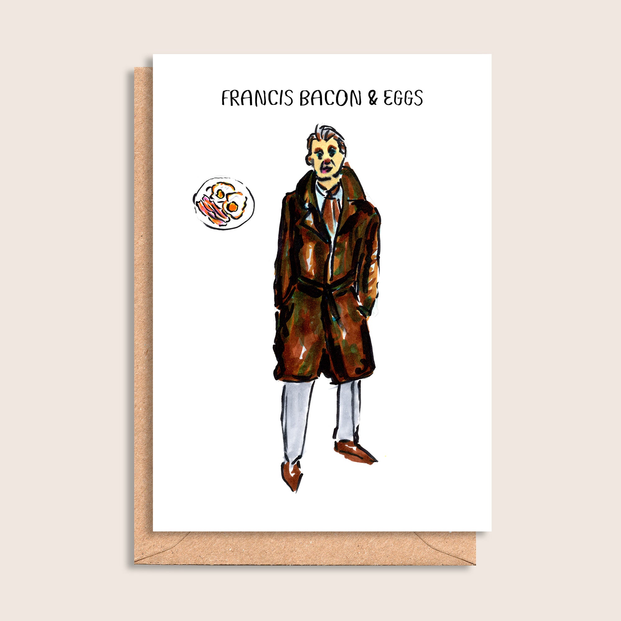 Francis Bacon & Eggs – illustrated portrait greeting card, front