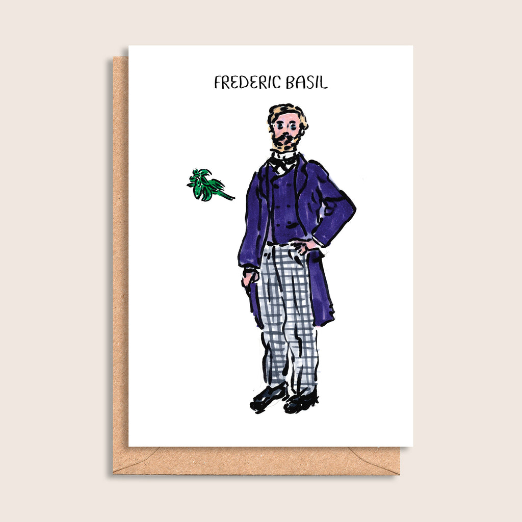 Frederic Basil – illustrated portrait greeting card, front