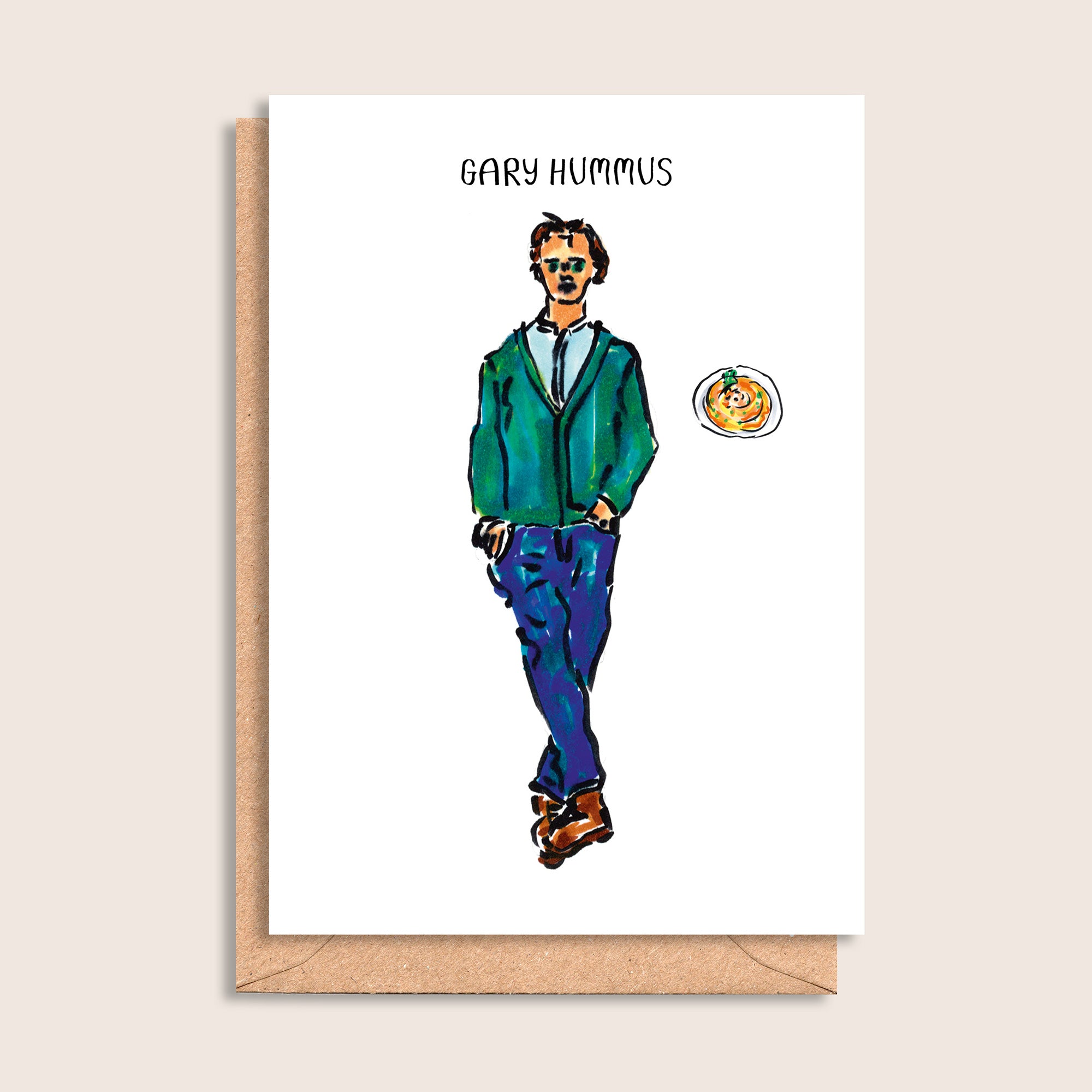 Gary Hummus – illustrated portrait greeting card, front