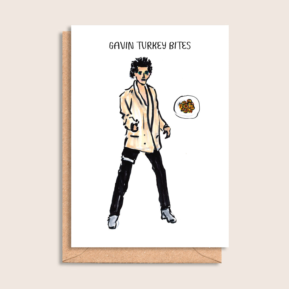 Gavin Turkey Bites – illustrated portrait greeting card, front