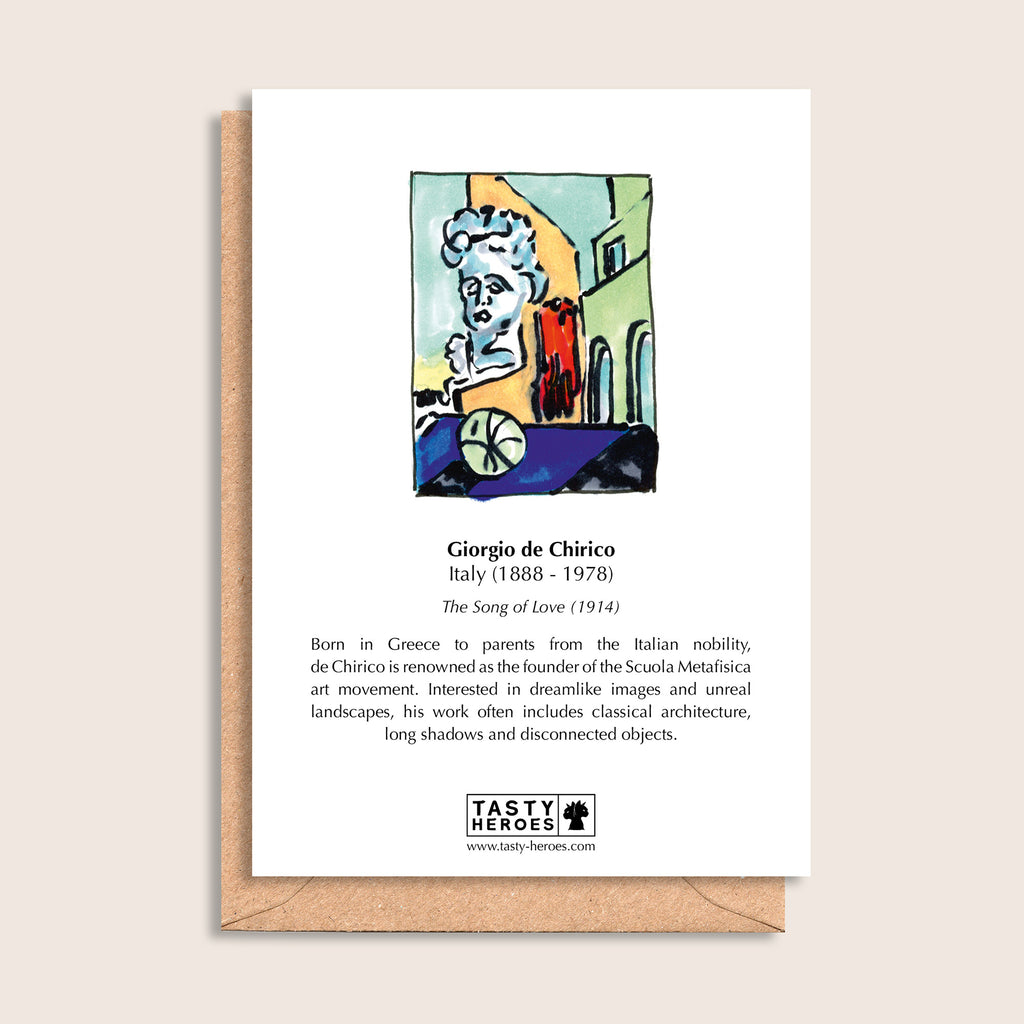 Giorgio De Chorizo – biographical note and Giorgio de Chirico artwork, reverse
