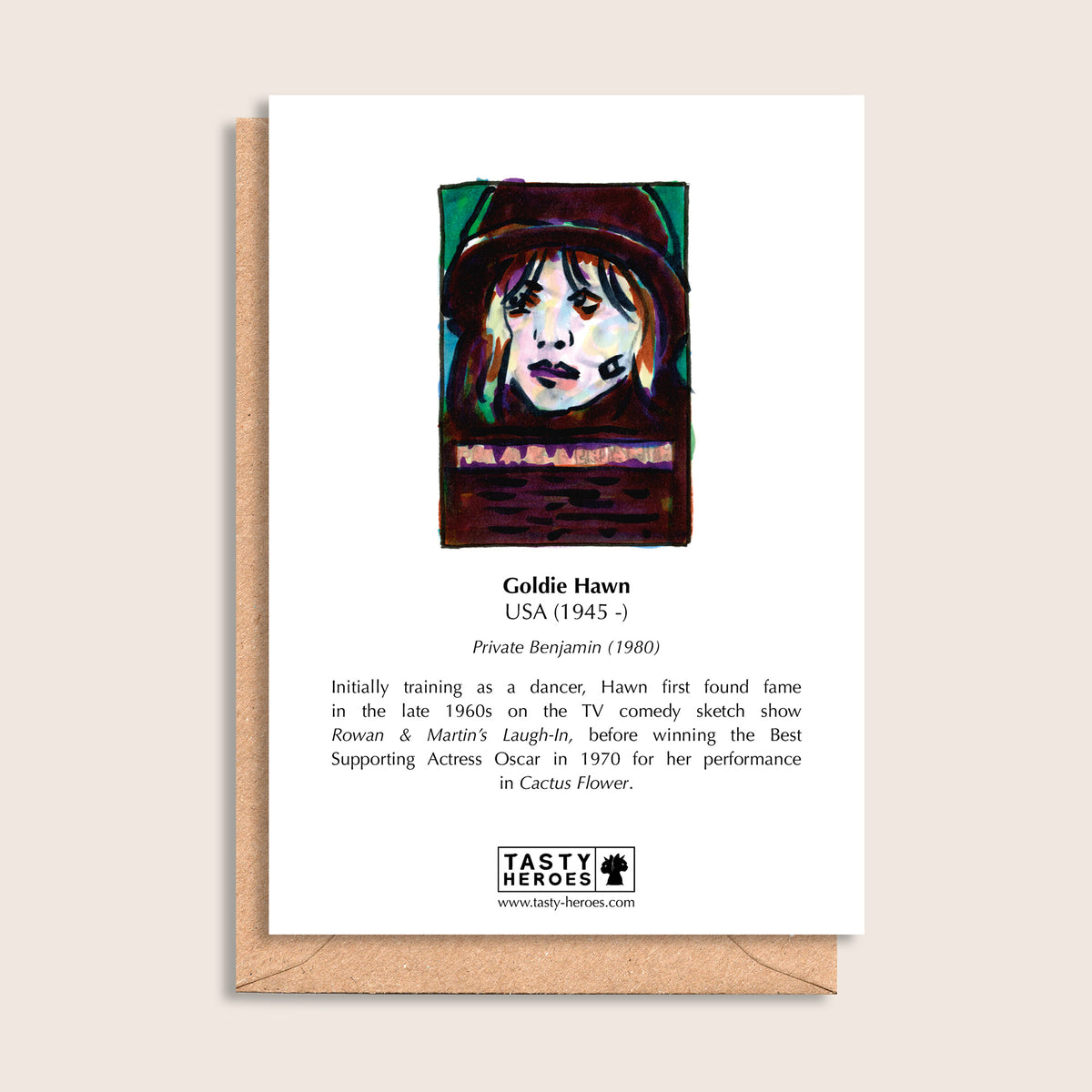 Goldie Corn – biographical note and Goldie Hawn artwork, reverse