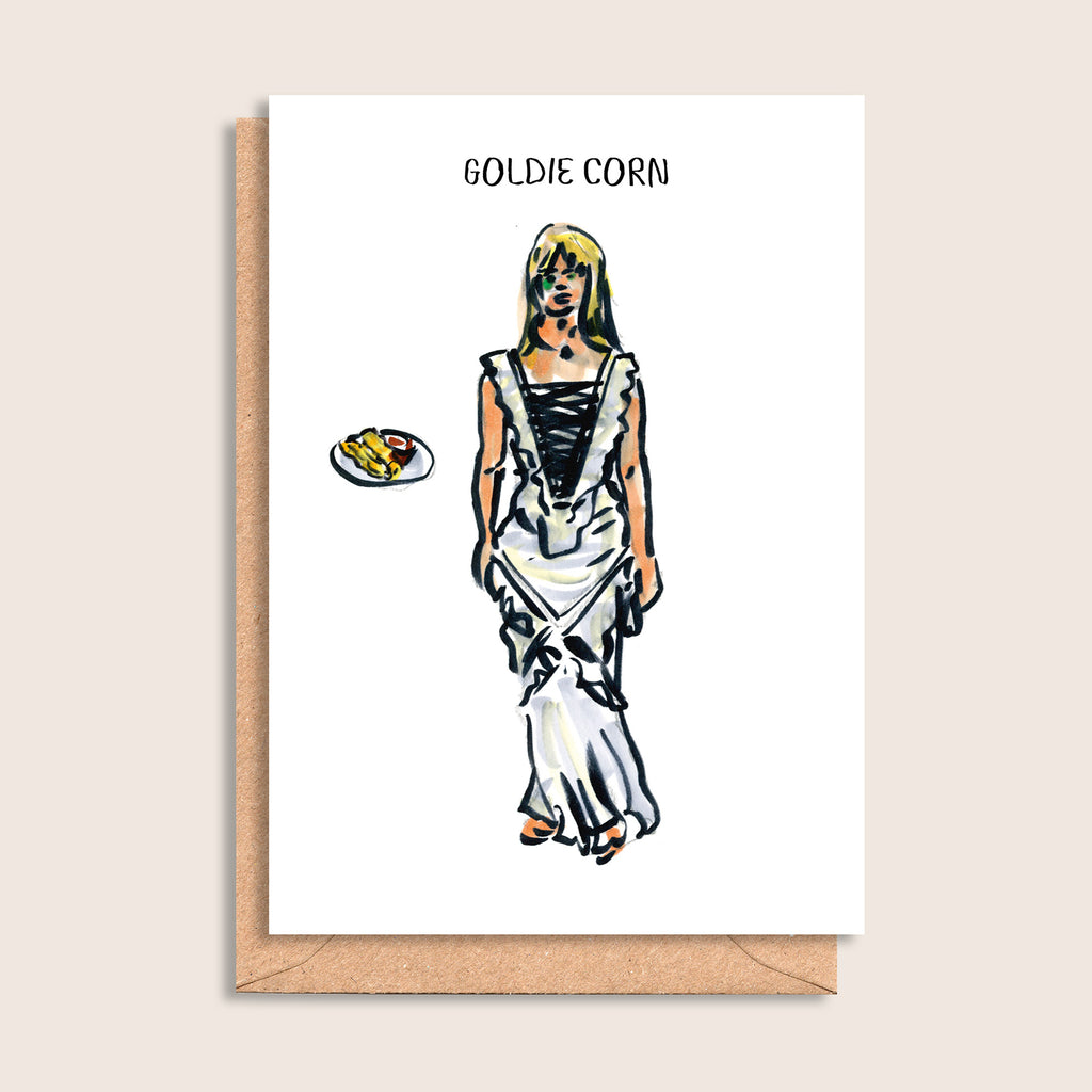 Goldie Corn – illustrated portrait greeting card, front