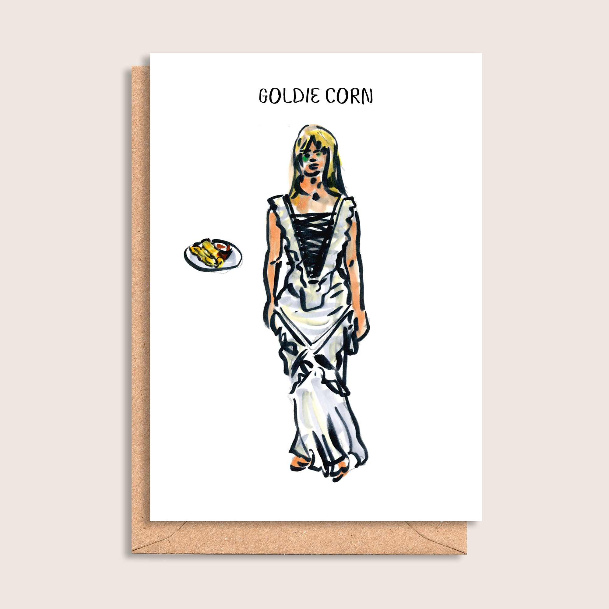 Goldie Corn – illustrated portrait greeting card, front