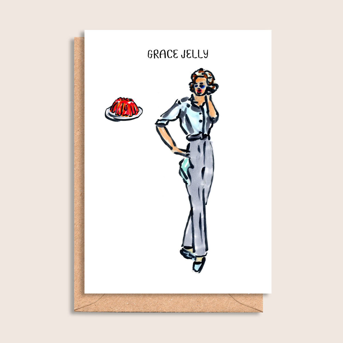 Grace Jelly – illustrated portrait greeting card, front