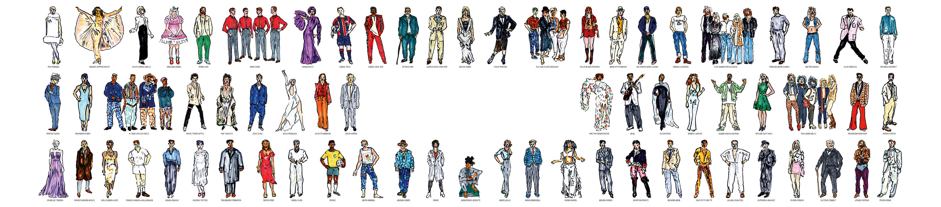 Illustrated famous faces from the Tasty Heroes greeting card collection