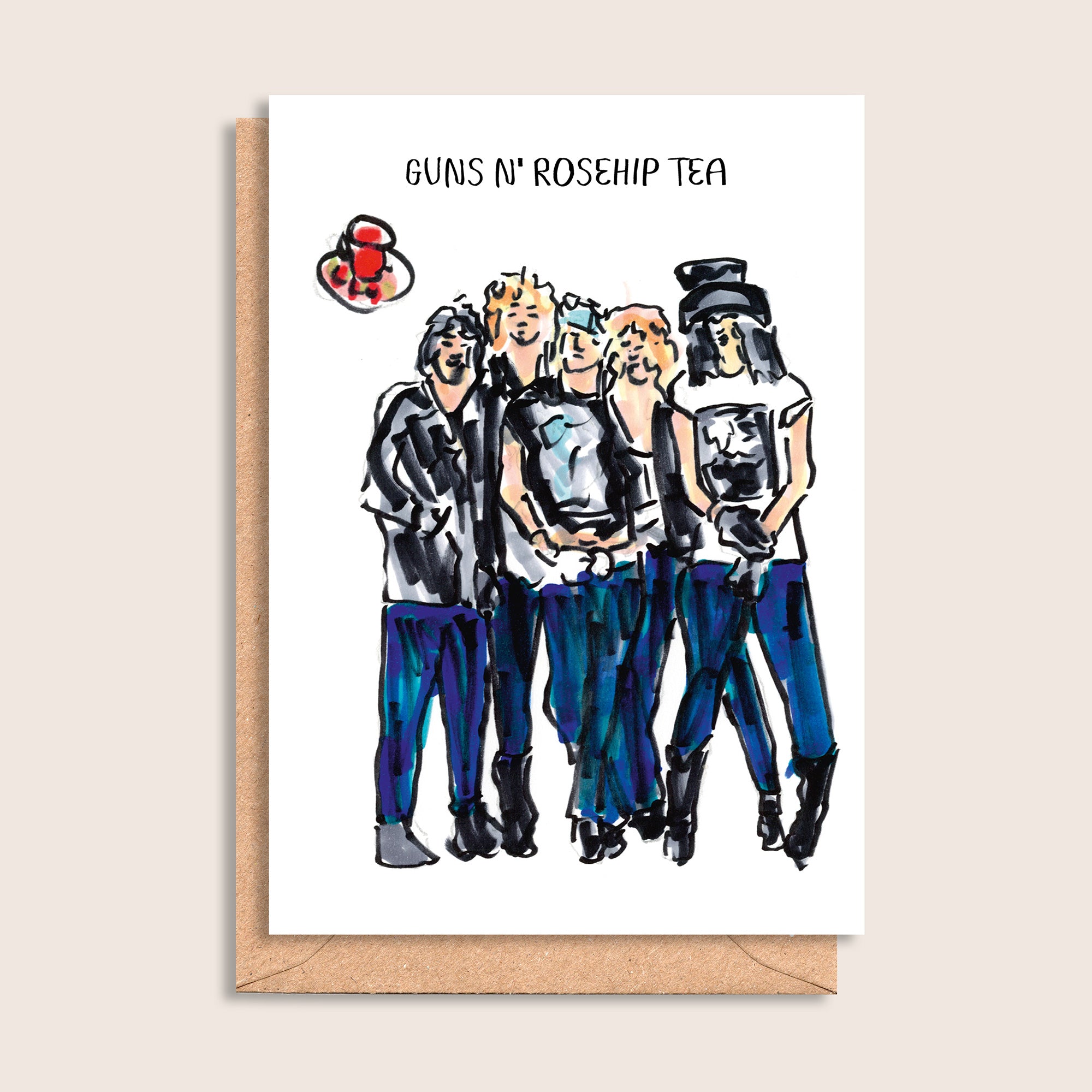 Guns N' Rosehip Tea – illustrated portrait greeting card, front