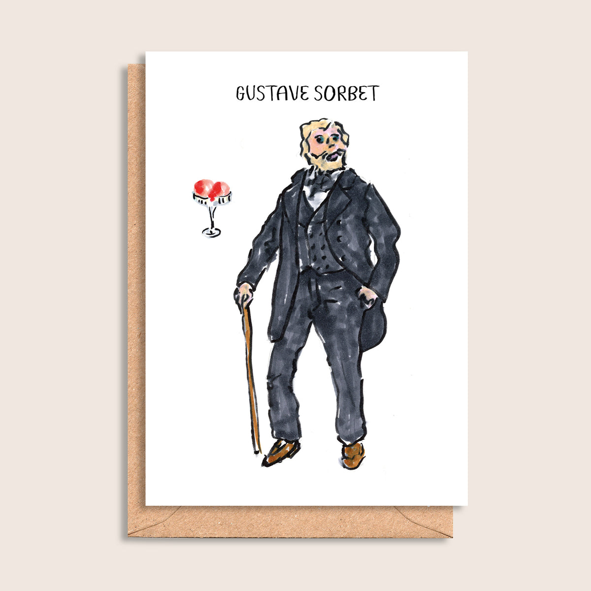 Gustave Sorbet – illustrated portrait greeting card, front